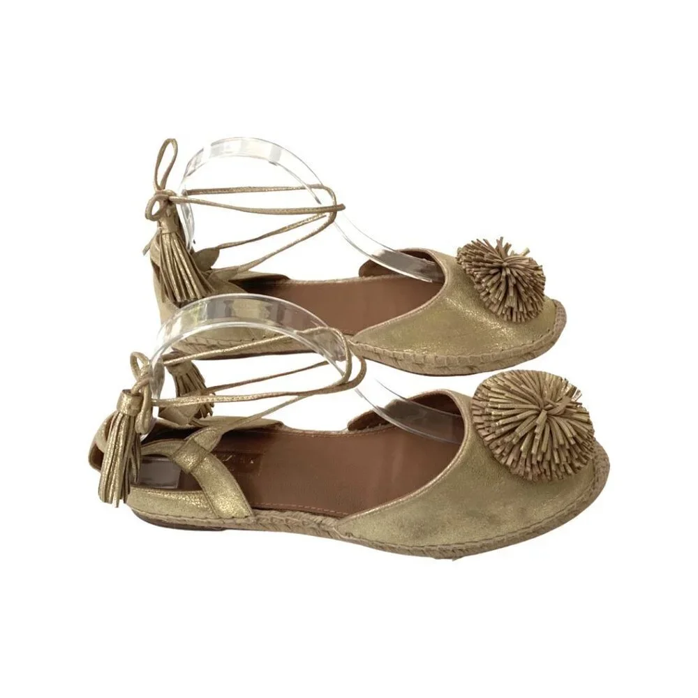 Aquazzura Sunshine Gold Pom Pom Espadrilles Size 39.5